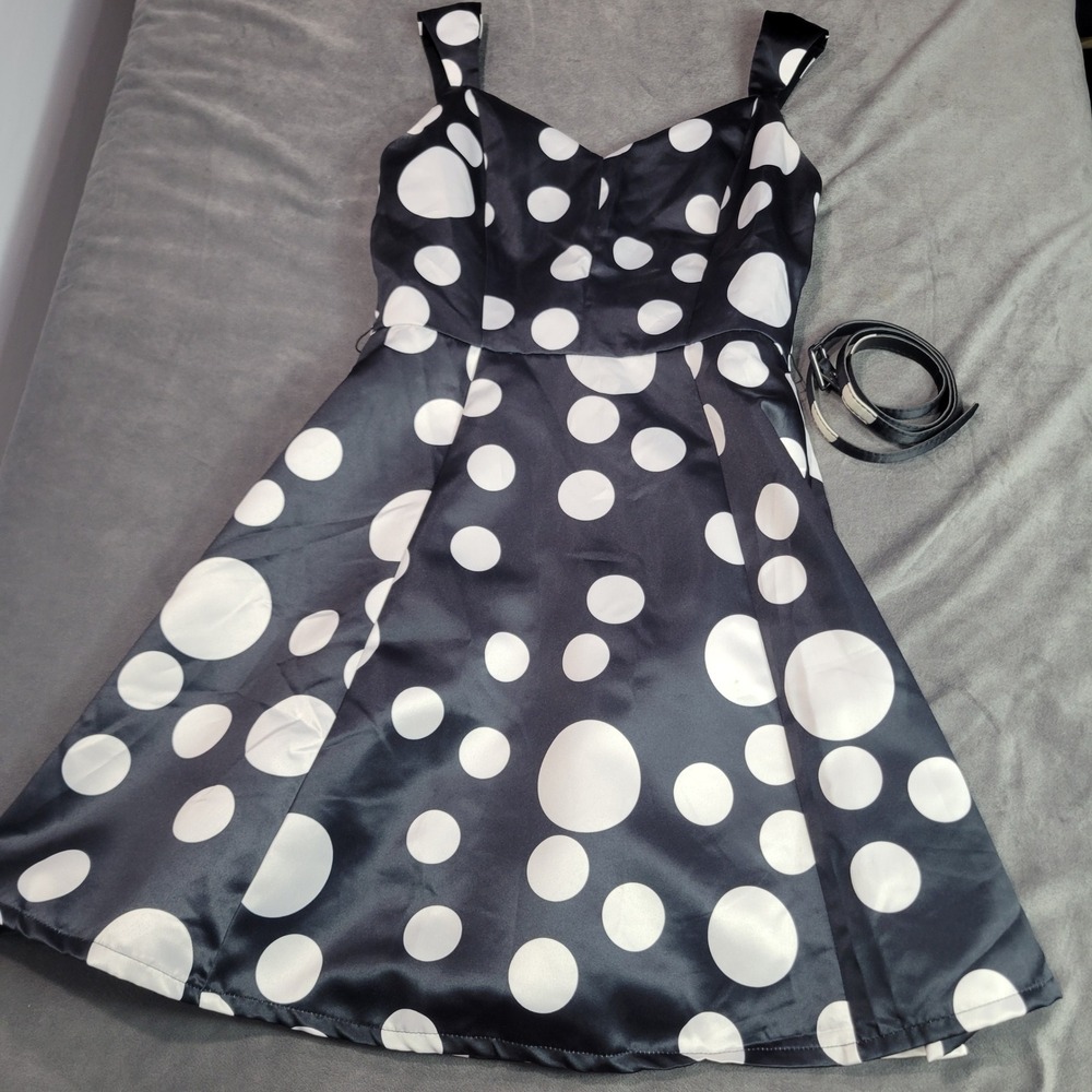 Nikibiki Black White Polka Dot‎ Fit Flare Dress Belted Cutout Back Womens Small